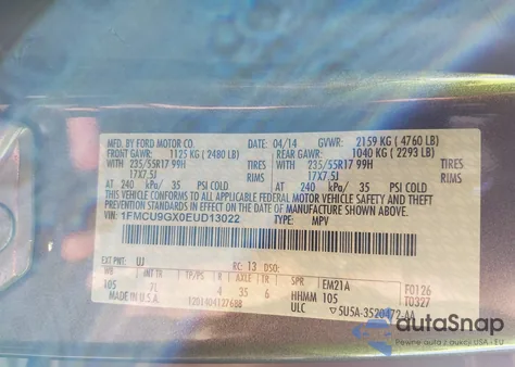 2014 Ford Escape Se из США, поврежденный, VIN 1FMCU9GX0EUD13022